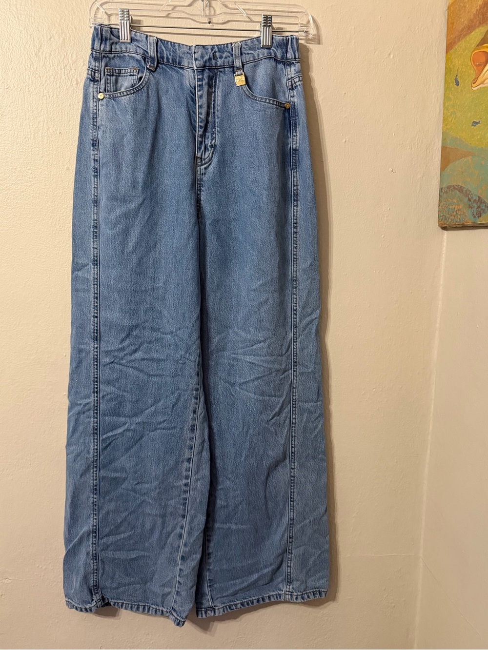 Peace bird light wash shimmery wide leg pants size M